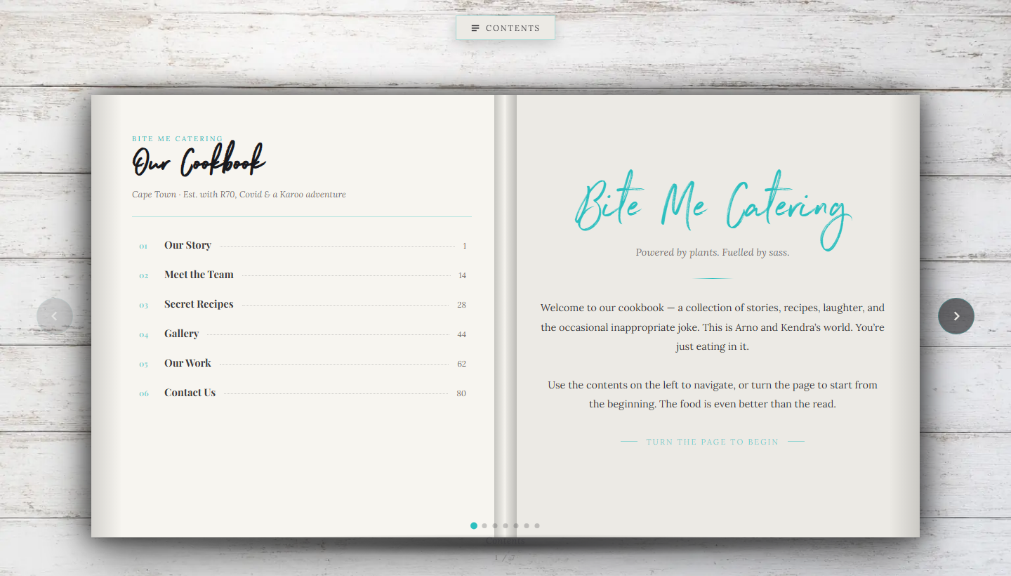 The Bite Me Catering website on a desktop screen, with the cookbook landing page open at its contents page.